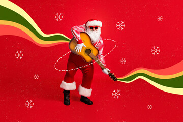 Creative photo collage illustration of santa claus playing guitar coca cola soda advert promo...
