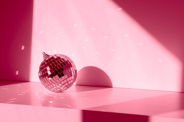 Magenta Disco ball in sunlight on white background