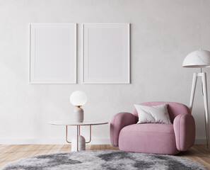 Poster frame mock up in modern bright living room design, pink ad white furniture on minimal wall background, 3d render 