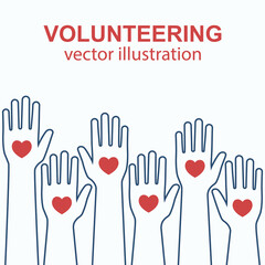 Volunteering concept. Raised hands up design line. Volunteering charity. Vector illustration flat style. Isolated on white background. Heart in palm. Template donator poster.