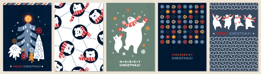 Modern Holiday cards with white bears, Christmas trees, Scandinavian ornaments. Cute animals greeting cards collection - 550912092