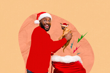Creative photo 3d collage artwork postcard poster brochure of jolly santa hold dog present for...