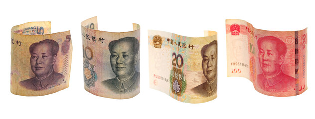 Yuan bills falling isolated on white background and texture, with clipping path