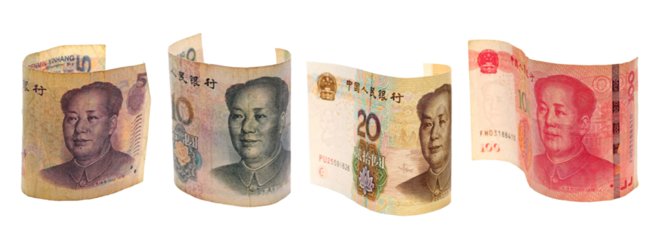 Yuan bills falling isolated on white background and texture, with clipping path