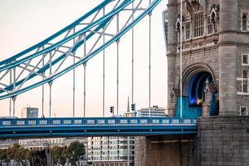 Iconic Tower Bridge connecting Londong with Southwark on the Thames River. Close up view of the details of the bridge.