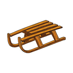 Sketch of wooden sledge or sleigh, vector icon.