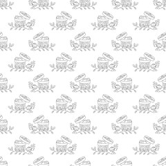 Manju pattern5. Seamless pattern with freshly cooked Japanese manju patties. Doodle black and white cartoon vector illustration.