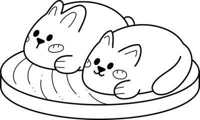 Manju doodle4. Cute Japanese pies in the form of a cat and a rabbit. Doodle black and white cartoon vector illustration.