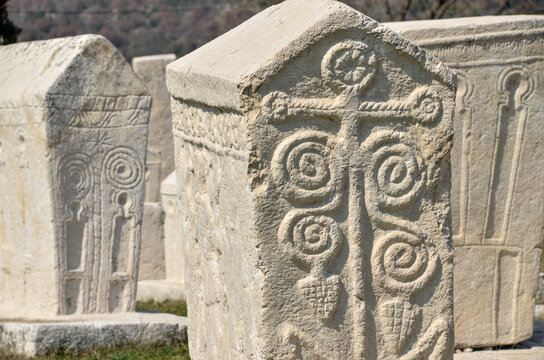 Stecak, monumental medieval tombstones. UNESCO World Heritage Site. Stecci, Radimlja, Stolac, Bosnia and Herzegovina. 