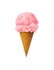 Pink ice cream in a waffle cup on a white background, digital illustration.