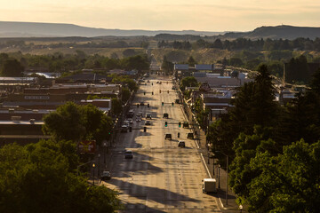 Summer Morning Drone View of Downtown Cody, Wyoming