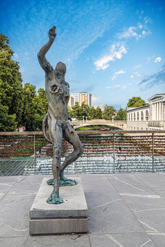 Modern metal art sculpture of Prometheus on Butchers Bridge, Ljubljana, Slovenia