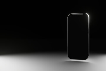 3D phone on black background, mockup, empty space for text, copy. Design, rendering of smartphone.