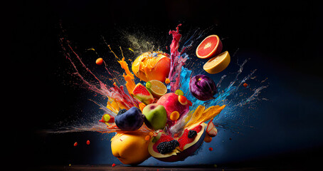 Fruits exploding colorful, energy drink - obrazy, fototapety, plakaty