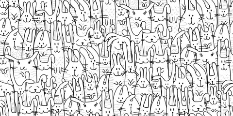 Funny Bunnies family. Seamless pattern background with Rabbits. Symbol of 2023 chineese new year. Cute characters, childish style. Colouring art. Vector illustration