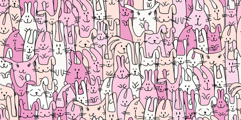 Fototapeta premium Funny Bunnies family. Seamless pattern background with Rabbits. Symbol of 2023 chineese new year. Cute characters, childish style. Vector illustration