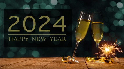 Happy New Year 2024 festive celebration holiday greeting card banner - Toasting Champagne or sparkling wine glasses and sparklers on wooden table
