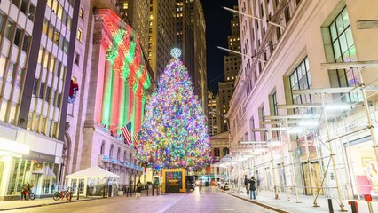 Wall Street Christmas Tree Holiday Lighting, Night Timelapse Video, New York City, December 2022