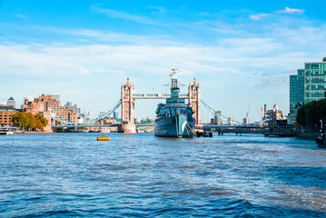 Naklejka premium Tower Bridge and HMS Belfast on a summer day in London, England