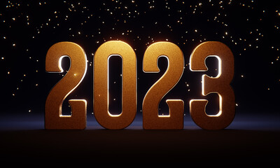 2023 in big gold three-dimensional letters with falling confetti backdrop. 3D rendering