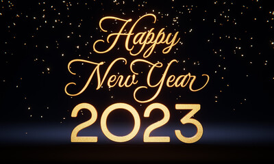 Fototapeta na wymiar Text ‘Happy New Year 2023’ in gold letters with falling confetti against dark background. 3D rendering