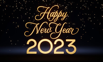 Text ‘Happy New Year 2023’ in gold letters with falling confetti against dark background. 3D rendering