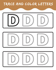 Trace letters for kindergarten and preschool kids. Write and color. Writing letters d. vector illustration.