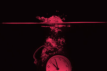 Alarm clock falling into the water against black background. Color of the year 2023, viva magenta.