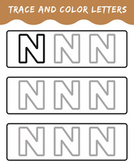 Trace letters for kindergarten and preschool kids. Write and color. Writing letters n. vector illustration.
