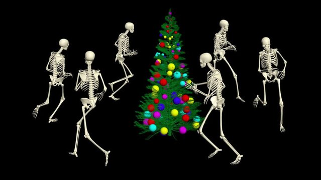 The skeletons are dancing with the Christmas tree. Christmas skeletons dance. 3D dancing skeletons.