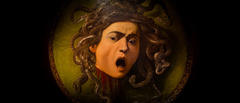 Florence, Italy - Circa August 2021: Medusa by Caravaggio, ca 1598 - oil on canvas.
