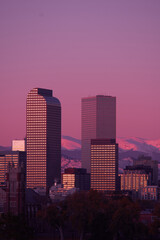 Denver, skyline, snow covered mountains - obrazy, fototapety, plakaty