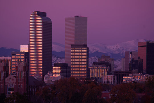 Denver, skyline, snow covered mountains