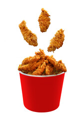 Fried Chicken hot fly crispy strips crunchy pieces Bucket - large box isolated on white background