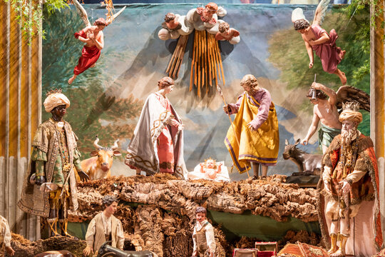 Italian crib - named presepe - with nativity. Traditional Christmas religious scene.