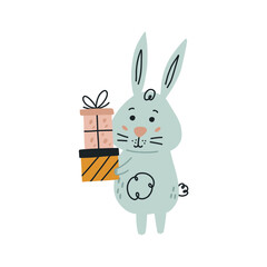 Rabbit with holiday gifts on white background