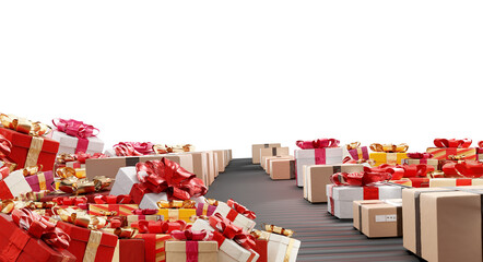 Christmas gifts, festive Christmas presents on conveyor belt and postal packages 3d illustration