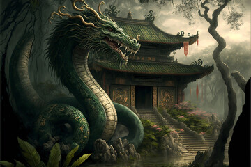 A fantastic illustration of ancient chinese style theme Dragon. Generative AI - obrazy, fototapety, plakaty
