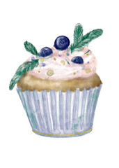 Christmas cupcake isolated on transparent background. New Year cake. Festive cupcakes with blueberry, fir tree branch decoration. Christmas sweets.