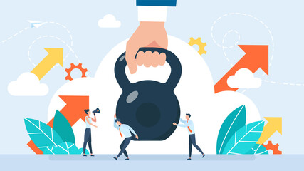 The concept of cooperation, help, support in difficult tasks. Confident man or businessman lifting heavy weight. Team or colleagues are helping him. Teamwork. Business concept. Illustration