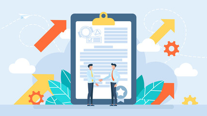 Partnership Concept. Handshake of two businessmen. Business people shaking hands over contract reaching an agreement. Successful partners standing and closing deal. Handshake. Flat illustration