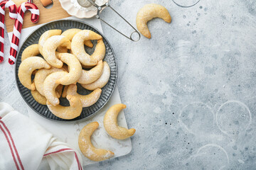 Christmas cookies crescents. Homemade traditional Christmas cookies Vanilla crescents in rustic...