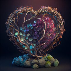 Gemstones surrounded by a heart of intertwined, tangled roots and thorns, decorative arrangement.