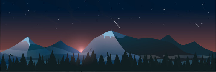 Night forest against the background of the starry sky, sunset and night mountains. Vector illustration