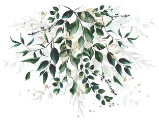 Watercolor greenery bouquet. Green, blue, golden wild eucalyptus branches, leaves arrangement. Cut out hand drawn PNG illustration on transparent background. Watercolour isolated clipart drawing. © satika