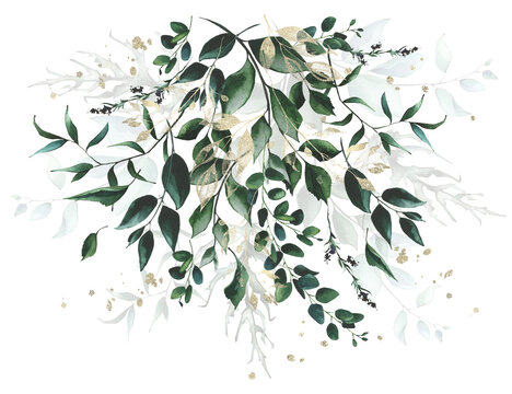 Watercolor greenery bouquet. Green, blue, golden wild eucalyptus branches, leaves arrangement. Cut out hand drawn PNG illustration on transparent background. Watercolour isolated clipart drawing.