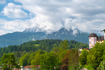 Fototapeta na wymiar Berchtesgaden famous historic town and mountains in Nationalpark Berchtesgadener Land, Upper Bavaria, Germany
