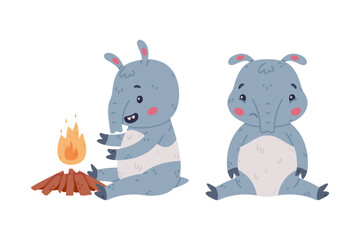 Cute Grey Tapir Animal with Proboscis Warming at Fire and Sitting with Sad Grimace Vector Set