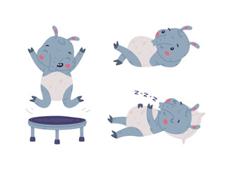 Cute Grey Tapir Animal with Proboscis Sleeping and Jumping on Trampoline Vector Set