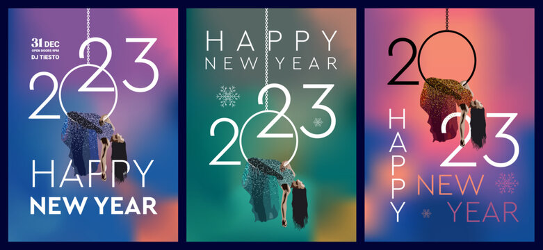 A set of happy new year 2023 vector mesh abstract backgrounds. Woman hanging in aerial ring. Mesh Gradient backgrounds. Minimalistic design. 